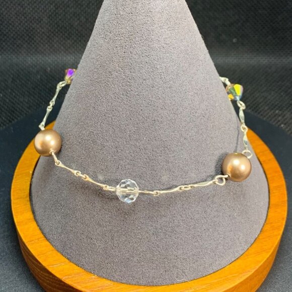 VTG Sterling Silver Champagne Faux Pearl Swarovski Crystal Station Bracelet 7.5" - Picture 1 of 11